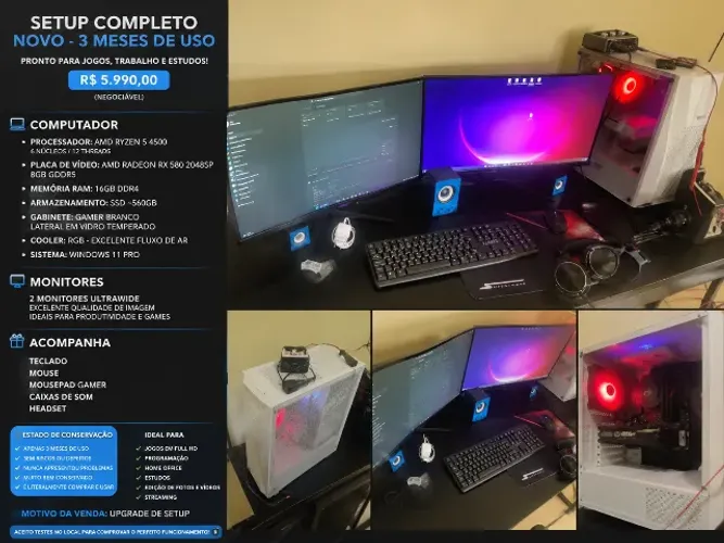 Setup Gamer Completo Ryzen 5 + RX 580 + 2 Monitores Ultrawide | Tudo Novo 