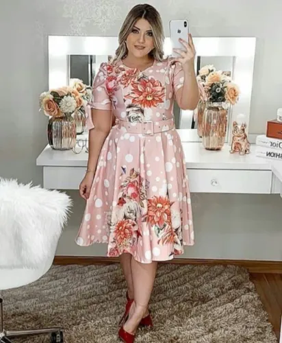 Vestido Midi Poá com Floral e Cinto - Tam G - NOVO