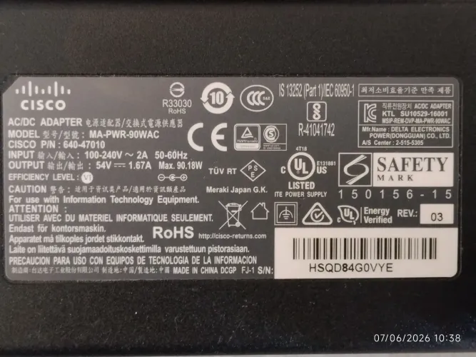 Fonte Original Cisco Meraki MA-PWR-90WAC 90W 54V