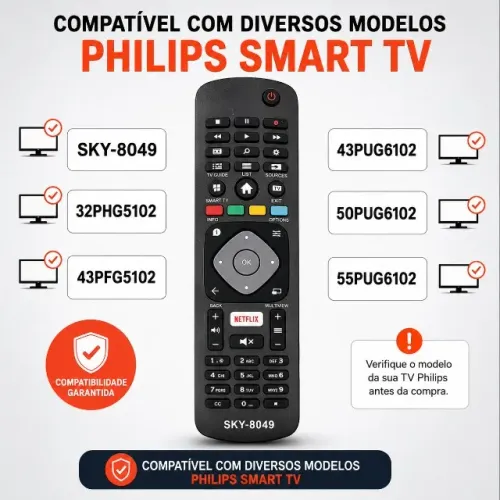 Controle Remoto TV Philips Smart com Botão Netflix SKY-8049 Novo - Pronto para Usar