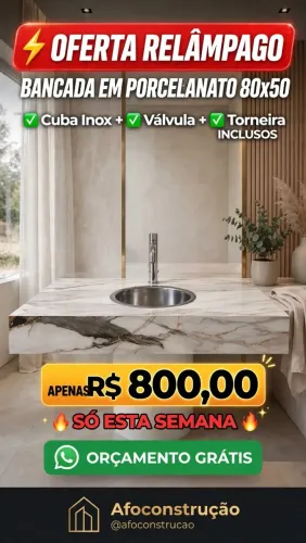 Bancada porcelanato acabamento dupla face com cuba de inox redonda
