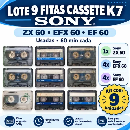 Lote com 9 Fitas Cassete K7 Sony - ZX 60, EFX 60 e EF 60 - Usadas