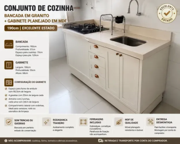 Conjunto de Bancada em Granito + Móvel Planejado em MDF - Em excelente estado