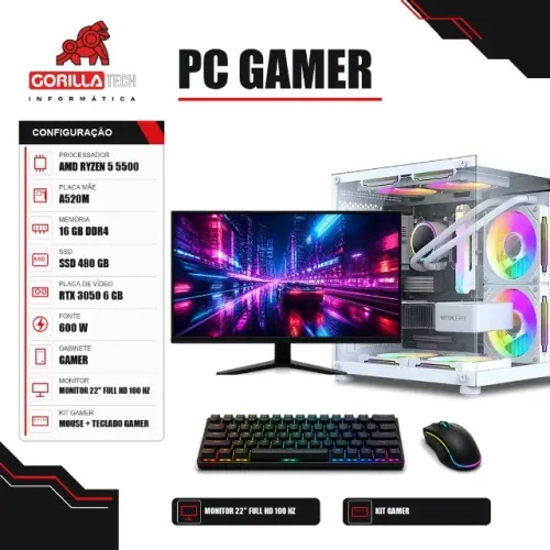 PC Gamer Completo Ryzen 5 5500 RTX 3050 6 GB 16GB SSD + Monitor - Gorilla Tech