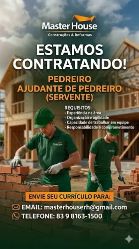 PEDREIRO E AJUDANTE DE PEDREIRO - OBRAS - JOÃO PESSOA/PB