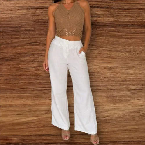 Conjunto praia top e calça pantalona linho