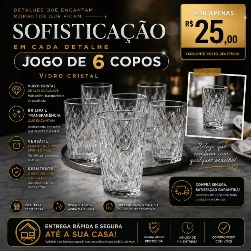 6 Copos de Vidro Diamond Transparente 400ML - A Pronta Entrega