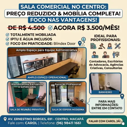 ALUGO SALA COMERCIAL MOBILIADA E COMPLETA NO CENTRO DE MACAPÁ
