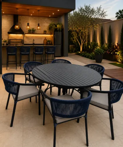 Mesa área gourmet com cadeiras em corda náutica