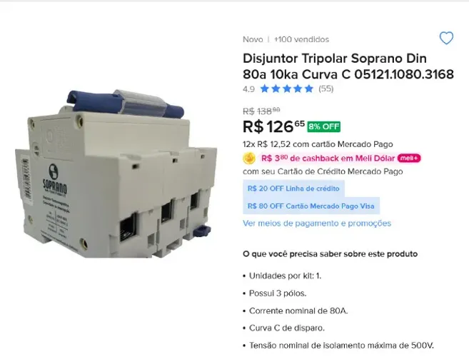 Disjuntor Tripolar Soprano Din 80a 10ka Curva C