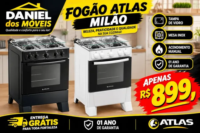 Fogão 4 Bocas Atlas Preto ou Branco - 10 X SEM JUROS