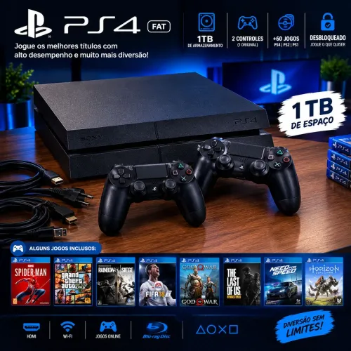 PS4 FAT 1TB DESBLOQUEADO | 2 CONTROLES + 55 JOGOS | IMPECÁVEL!