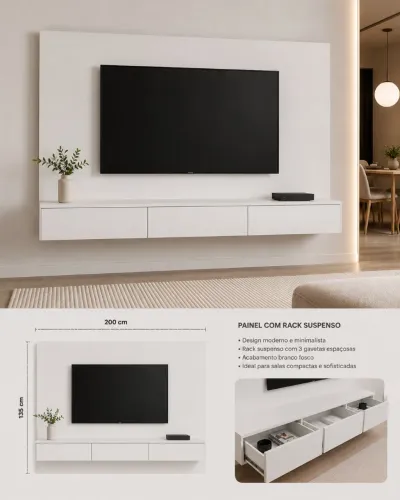 Vendo painel de tv com rack suspenso com três gavetas em mdf