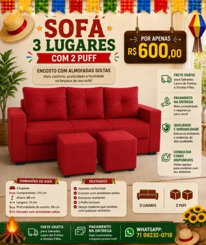 SOFÁ 3 LUGARES COM 2 PUFF 