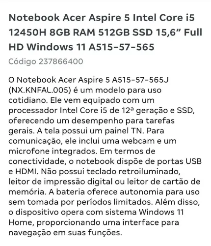Negociável.. notebook acer aspire 5, Intel core i5, 8gb de ram, 512gb