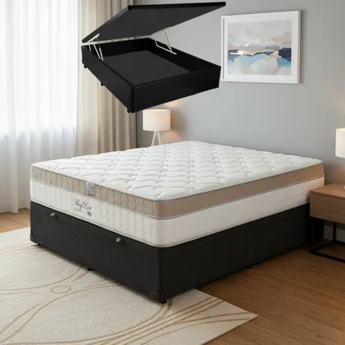 Colchão Casal King Best 28 cm D28 Molas Ensacadas + Base Baú Corino Preto - ANJOS
