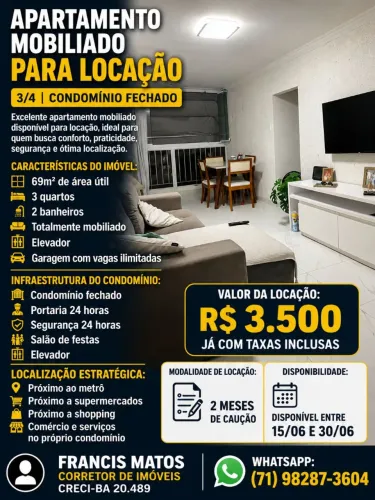 APARTAMENTO MOBILIADO PARA LOCAÇÃO - 3/4 | VALE DAS FLORES <br>