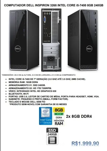 COMPUTADOR DELL INSPIRON 3268 INTEL CORE i5-7400 16GB 240GB + 1TB