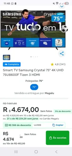 Vendo tv Samsung 75 polegadas nova na caixa com um ano de garantia 4k Alex comando de voz 