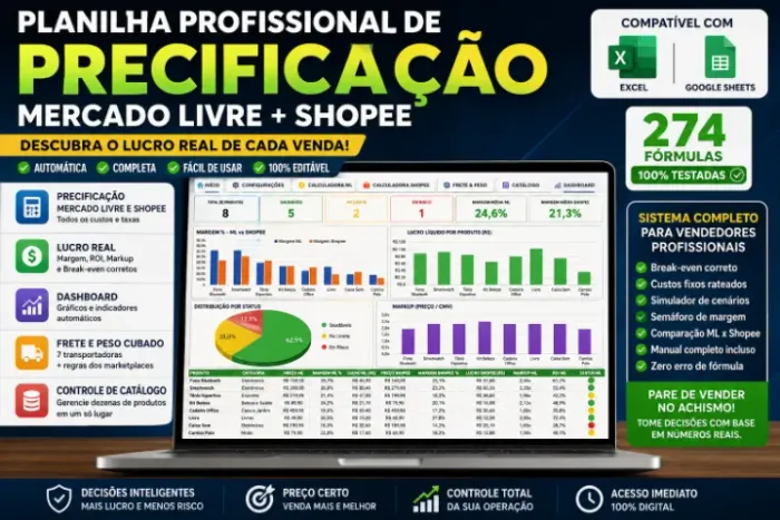 Planilha Precificação Mercado Livre Shopee + Dashboard Lucro ROI