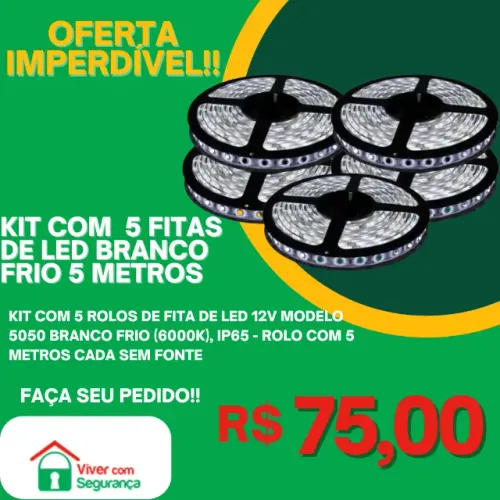 Kit com 5 Fitas de Led Branco Frio Modelo 5050 IP65 12V