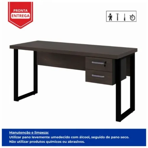 Mesa Escritório Pé Quadro 1,50×0,60m com Gavetas Marsala/Preto Design Moderno 25473