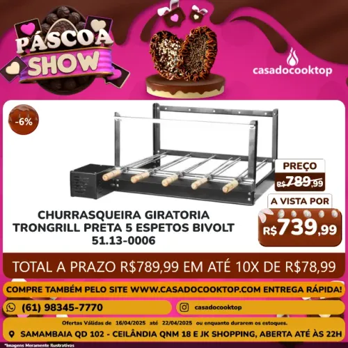 Churrasqueira Giratoria Trongrill Preta 5 Espetos Bivolt 
