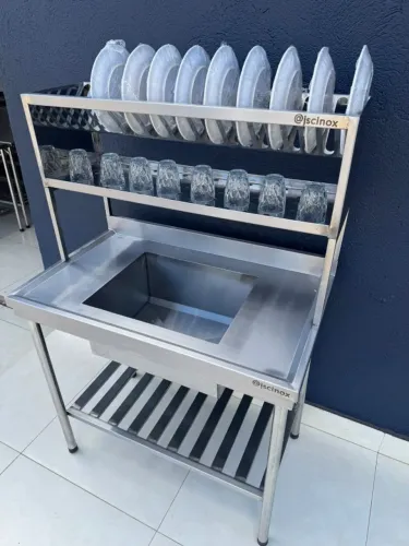 Pia com escorredor de pratos embutido_ peça 100% inox_ JSC INOX.