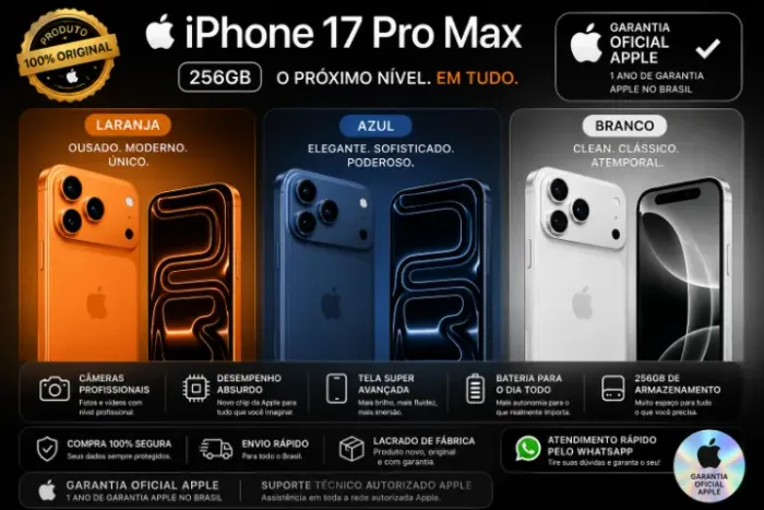 ? iPhone 17 Pro Max 256GB - Lacrado e Pronta Entrega  ? Disponível nas cores: ? Laranja