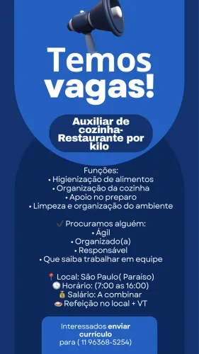 VAGA DE EMPREGO- AUXILIAR DE COZINHA EM SÃO PAULO- Paraíso 
