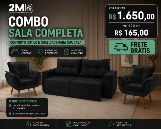 Combo de Sala / Sofá retrátil e 2 poltronas