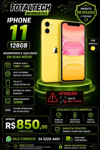 IPHONE 11 128GB - Bateria Nova, não funciona face id, somos loja.