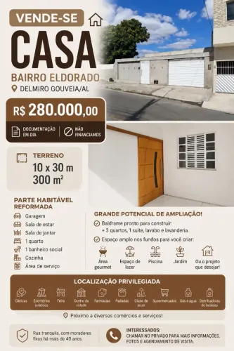 ? CASA À VENDA NO BAIRRO ELDORADO - DELMIRO GOUVEIA/AL