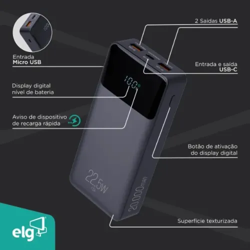 Power Bank ELG Pro 20.000mAh PB200BK com Carga Rápida - Novo Lacrado