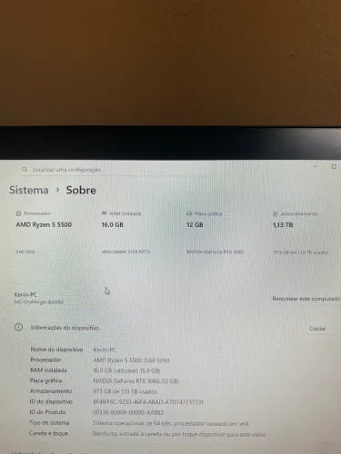 Pc gamer R5500 16gb RTX 3060 12gb ssd 240gb+ HD 1 Tera 