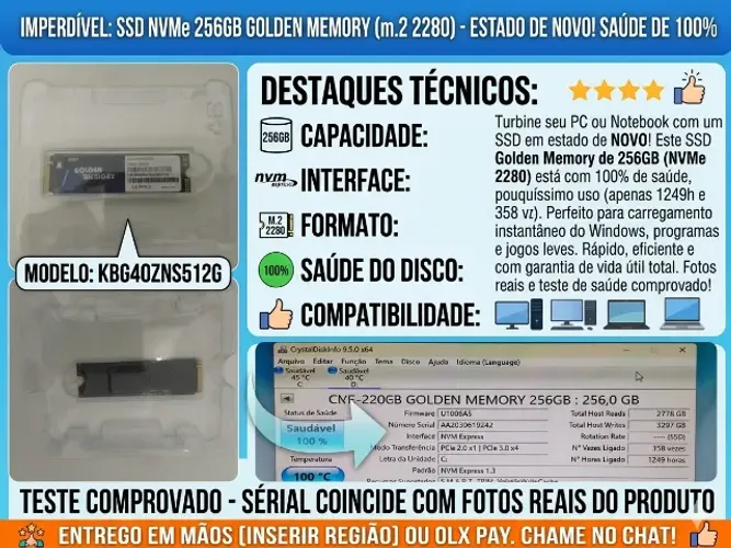SSD NVMe 256GB Golden Memory M.2 2280 - Saúde 100% (Estado de Novo)