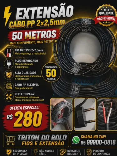 Extensão Cabo PP 2 x 2.5 mm Flexível 50 Metros