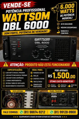 AMPLIFICADOR WATTSOM DBL 6000 - PARA CONSERTO OU RETIRADA DE PEÇAS