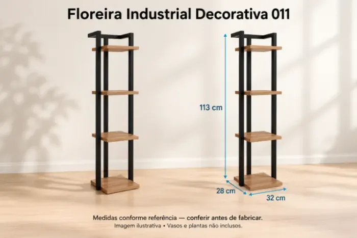 Floreira industrial vertical com 4 prateleiras amadeiradas