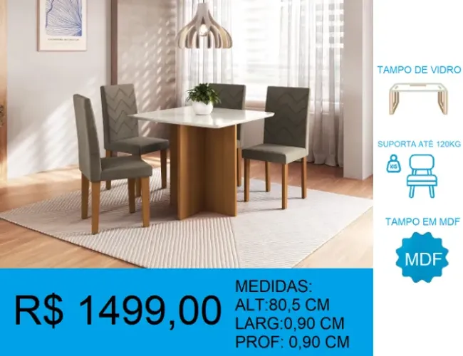 mesa c/ 4 cadeiras alt: 80,5cm larg: 0,90cm prof: 0,90cm - frete grátis!