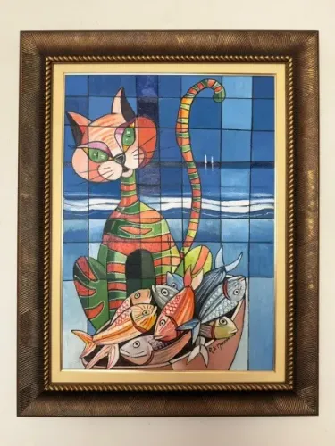 Romano Di Martino - "Il Gatto Ei Suoi Pesci" - Óleo Sobre Tela 70 x 50 cm -- Assinado