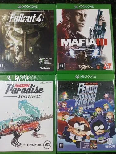 Lote 4 jogos Xbox One (south park, Burnout Paradise, máfia 3 e Fallout 4)