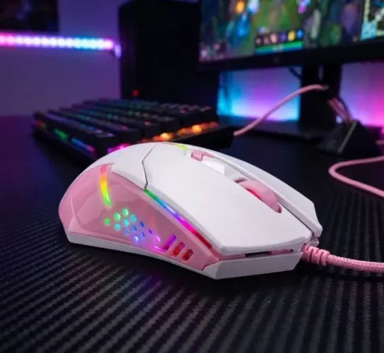 Mouse Gamer Redragon centrophorus Rgb branco e rosa