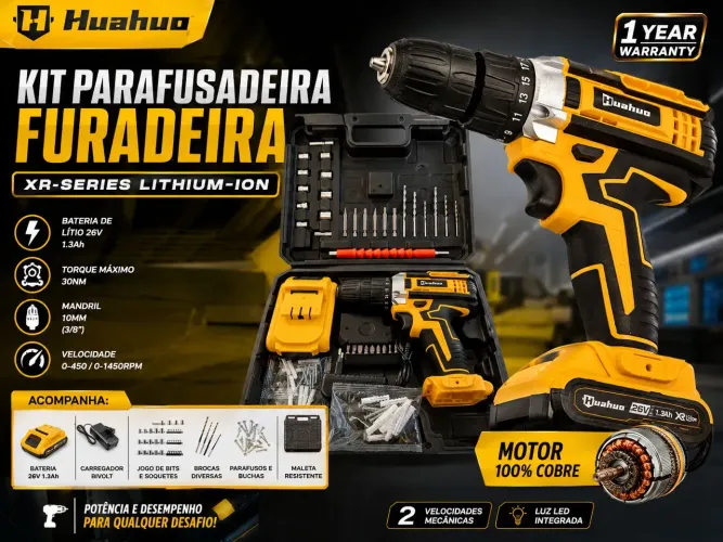 ? Kit Parafusadeira/Furadeira 26V Huahuo - Completo com Maleta e Acessórios!