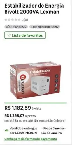 Estabilizador de Energia Bivolt 2000VA Lexman parcelo em 10 x sem juros 