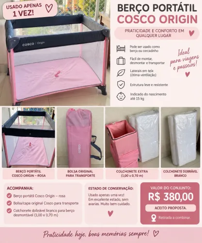 BERÇO PORTÁTIL COSCO ORIGIN ROSA + COLCHONETE EXTRA