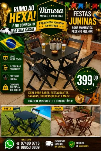 Mesa 70x70 com 4 Cadeiras Dobráveis  - R$ 399