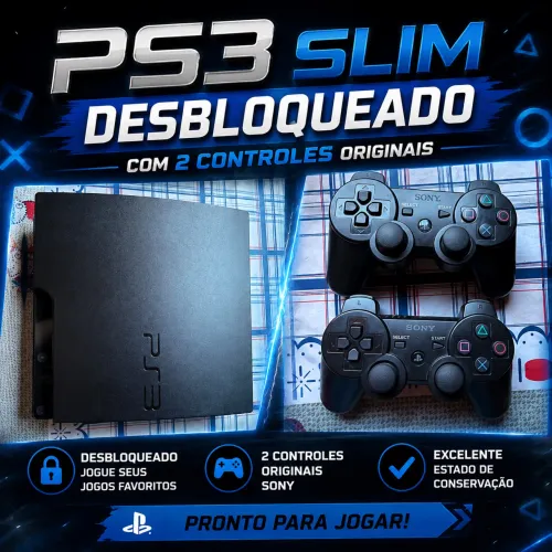 PS3 Slim Desbloqueado + 2 Joysticks Originais - Pronto para Jogar