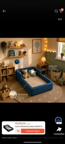 Vendo cama infantil montessoriana estofada, proteção lateral e colchão -suede azul marinho