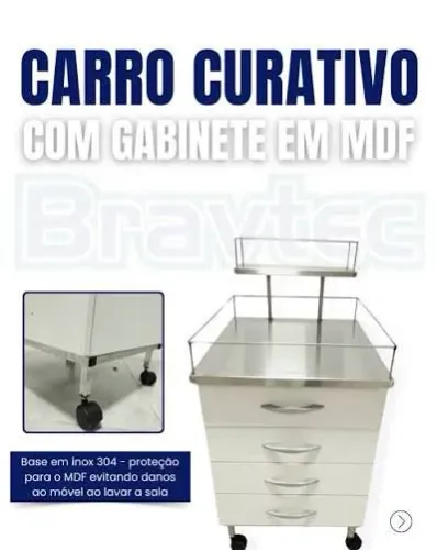 Carrinho curativo com gabinete hospital ou veterinário